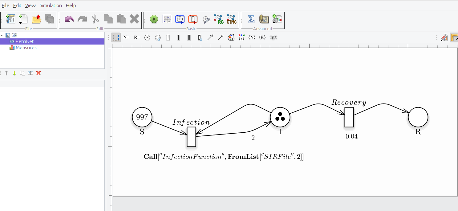 \label{fig:SIR_PN_generalFrom} Petri Net representation of the SIR model, modelling the Infection transition as a exponential general transition.