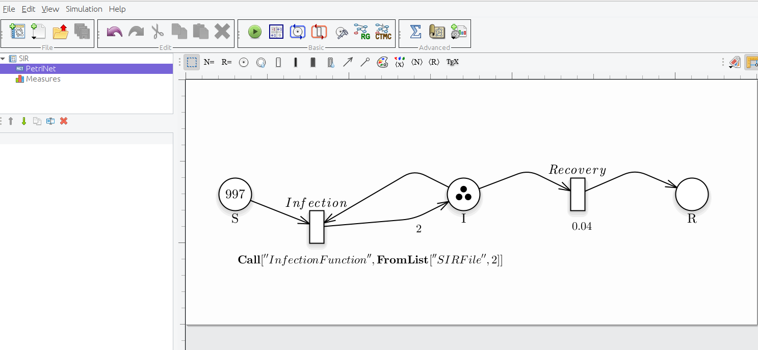 \label{fig:SIR_PN_general} Petri Net representation of the SIR model, modelling the Infection transition as a general transition.