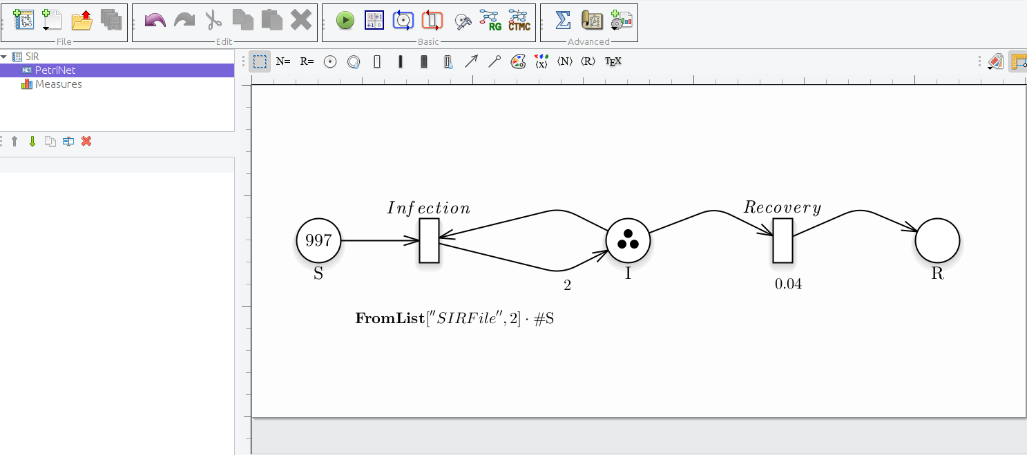 \label{fig:SIR_PN_general} Petri Net representation of the SIR model, modelling the Infection transition as a general transition.