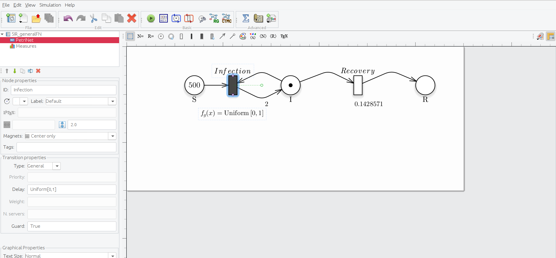 \label{fig:SIR_PN_general} Petri Net representation of the SIR model, modelling the Infection transition as a general transition.